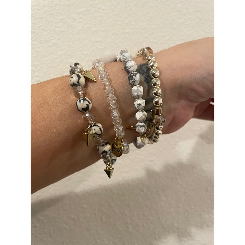 Erimish Womens Beaded Stretch Bracelet Stack Gold White Marble Tusk Spike 4pc #3 - Picture 2 of 2